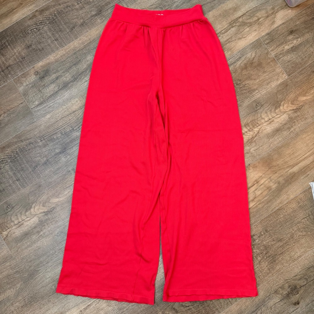 OQQ Womens L Red Ribbed High Waisted Wide Leg Lounge Pants Seamless Athleisure